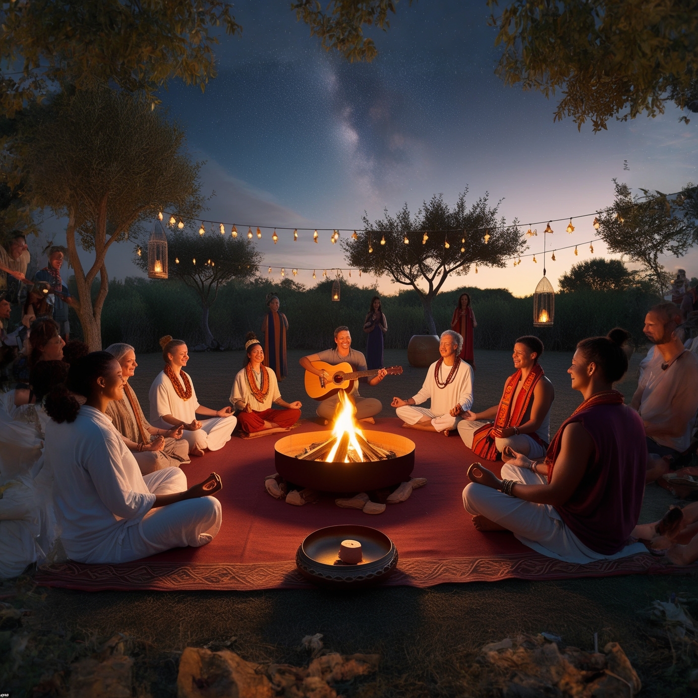 Soirée mantras avec un groupe en cercle écoutant de la musique jouée à la guitare par l'animateur. Soirée sous les étoiles avec un feu au centre.